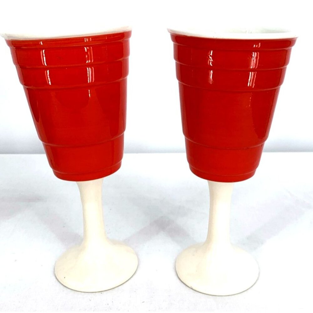 Red Solo Cup Living Reusable Stem Wine Cup Red Barware Ceramic 8" Lot of 2 - Picture 2 of 8